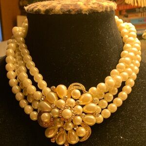 Elegant 4- Strand Faux Pearl and Gold Tone Floral Chocker Necklace